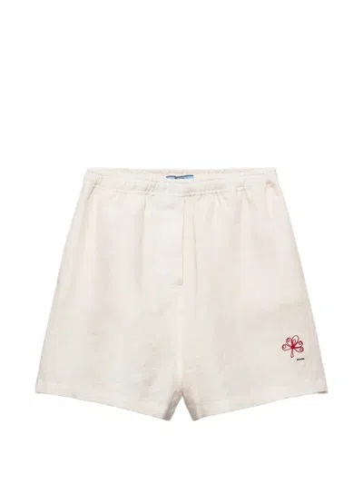 Prada Embroidered Slubbed Linen Shorts In Brown