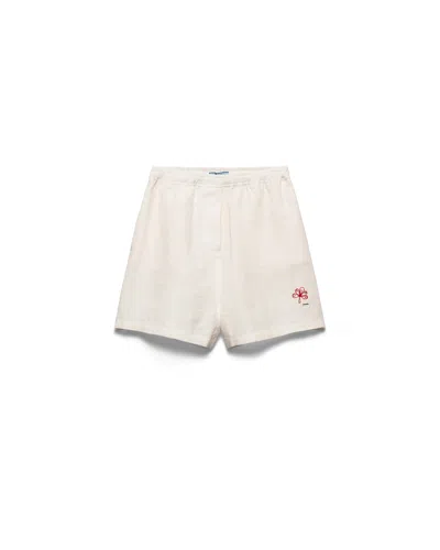 Prada Bestickte Shorts Aus Slub-leinen In White