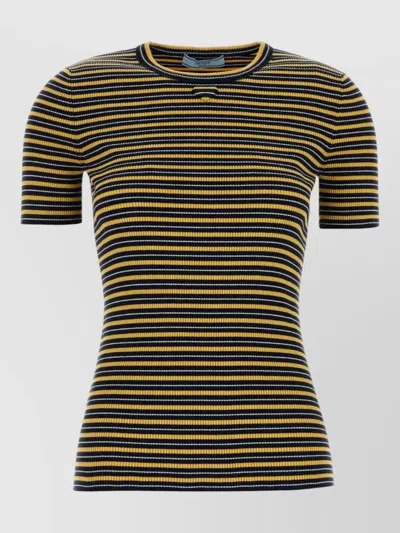 Prada Embroidered Stretch Cotton Striped Crew T Shirt In Multi
