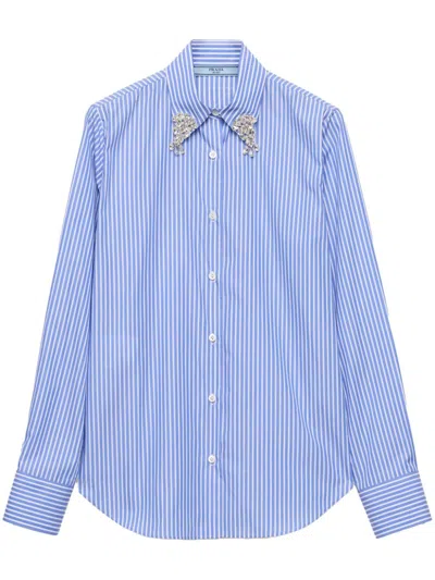Prada Logo-embroidered Striped Shirt In Blue