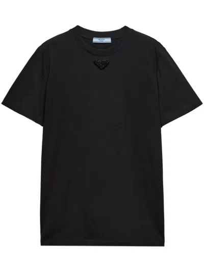 Prada Embroidered-triangle Jersey T-shirt In Black