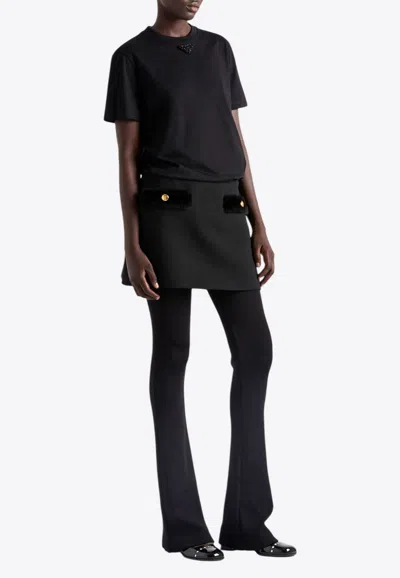 Prada Embroidered Triangle Logo Jersey T-shirt In Black