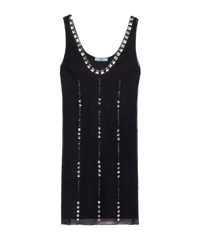 Prada Embroidered Tulle Mini-dress In Black