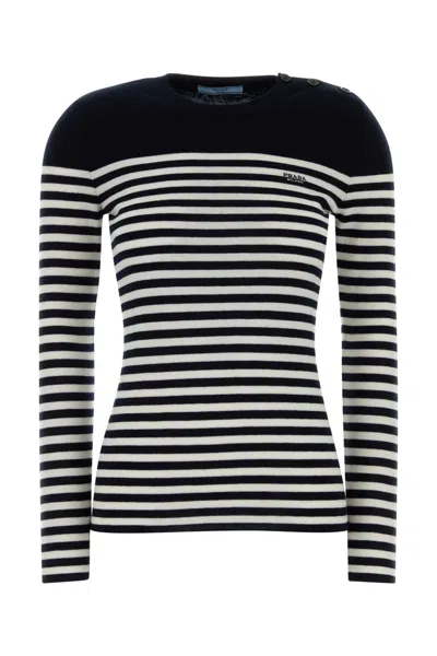 Prada Embroidered Virgin Wool Sweater With Striped Detail In Black