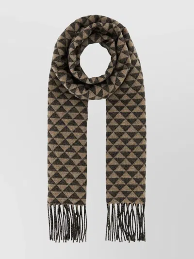 PRADA EMBROIDERED WOOL BLEND SCARF WITH FRINGE