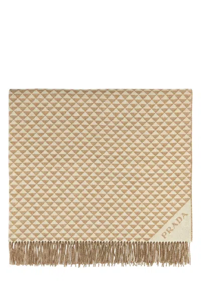 Prada Embroidered Wool Blend Symbole Double Blanket In Neutral