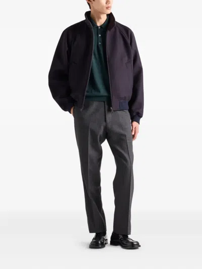 Prada Embroidered Wool Polo Shirt In Blue