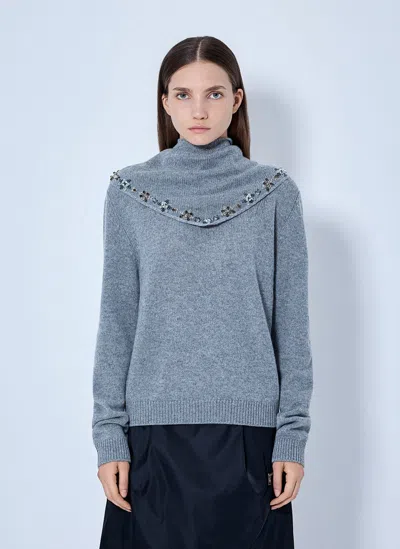 Prada Embroidered-scarf Cashmere Sweater In Grey