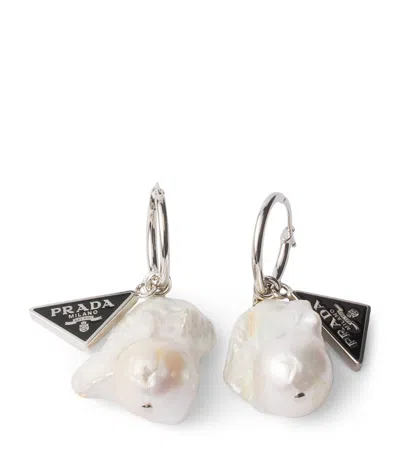 Prada Enamel And Pearl Triangle Hoop Earrings In White