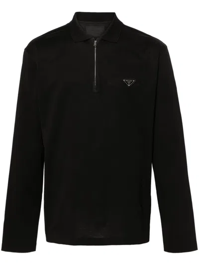 Prada Enamel-logo Cotton Polo Shirt In Black