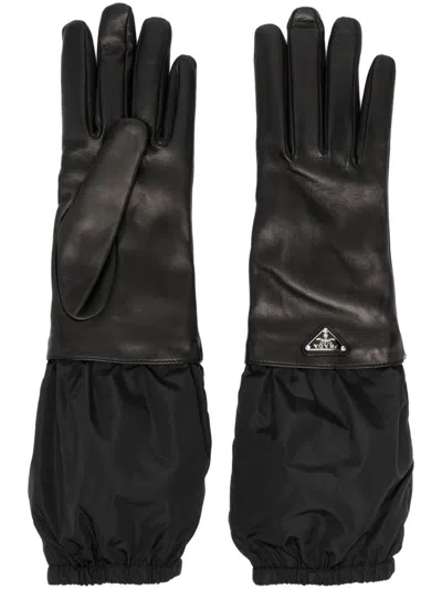 Prada Wrist Elasticated Leather Palm Gloves In Black