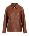 Prada Enamel-logo Leather Jacket In Brown
