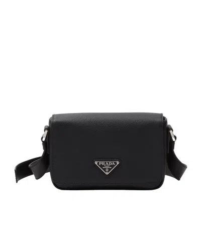 Prada Saffiano Triangle Logo Foldover Top Shoulder Bag In Black