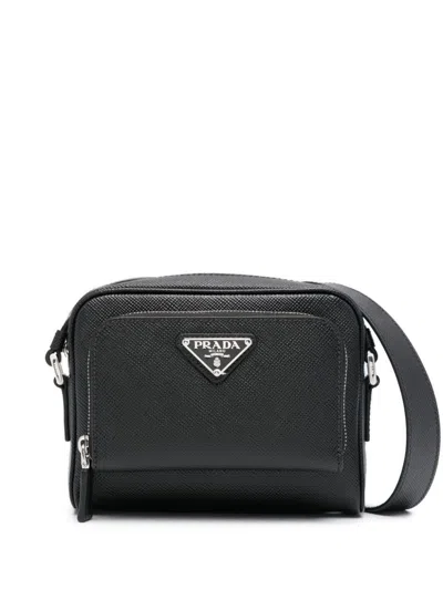 Prada Enamel-logo Messenger Bag In Schwarz