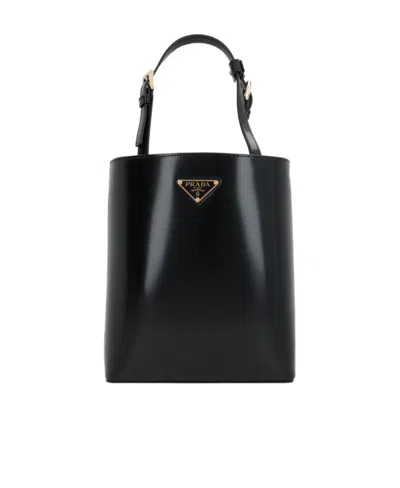 Prada Enamel Logo-plaque Tote Bag In Black
