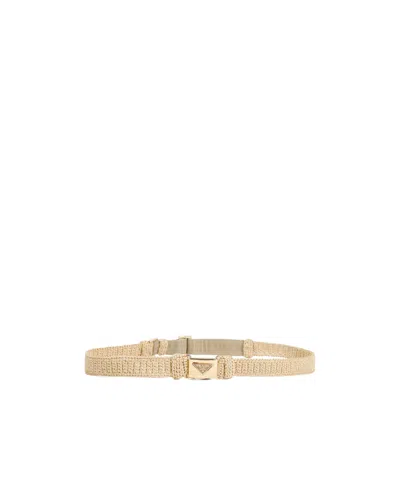 Prada Enamel-logo Raffia Belt In Nude