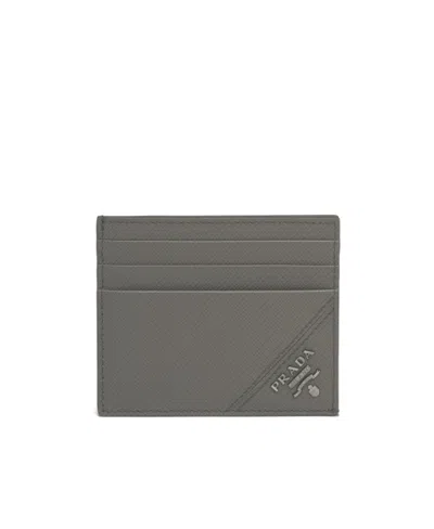 Prada Enamel-logo Saffiano Leather Cardholder In Gray