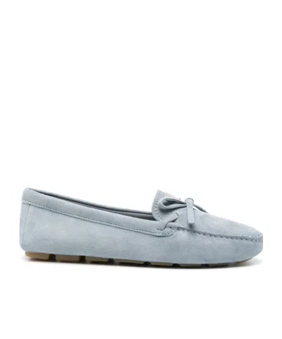 Prada Enamel-logo Suede Driving Shoes In Blue