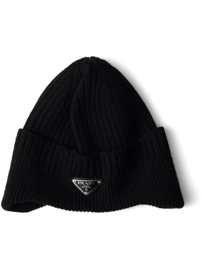 Prada Enamel-logo Wool Beanie In Black