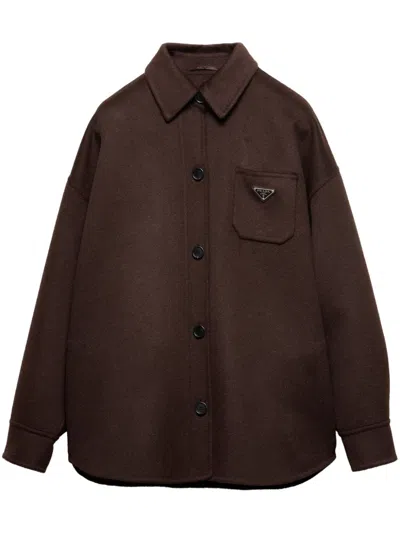 Prada Enamel-logo Wool Jacket In Braun