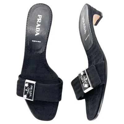 Pre-owned Prada Enamel Metal Logo Plaque Kitten Heel Slip On Mules Sandals 36.5 In Black