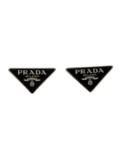 Pre-owned Prada Enamel Symbole Stud Earrings In Black