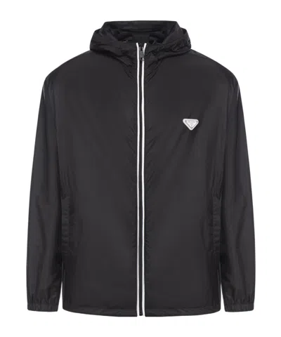 Prada Enamel-triangle Hooded Jacket In Black