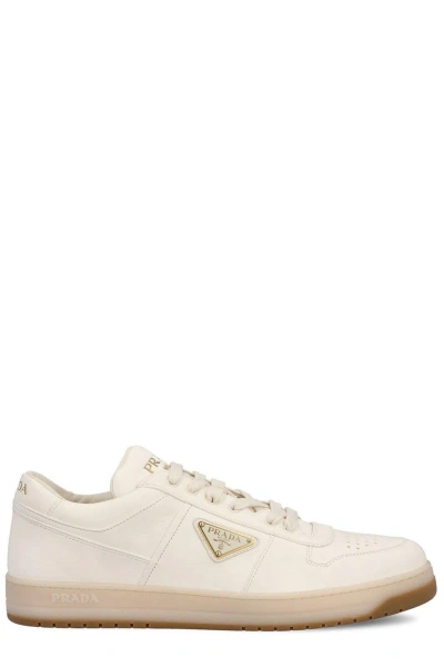 Prada Enamel-triangle Lace-up Sneakers In White