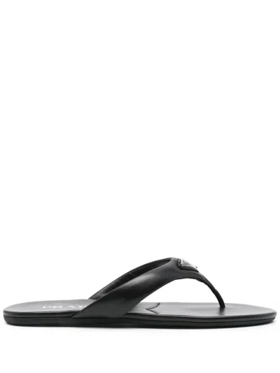 PRADA ENAMEL-TRIANGLE LEATHER FLIP FLOPS