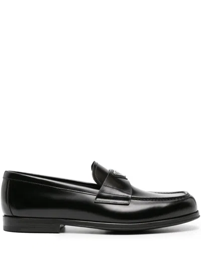 Prada Classic Round Toe Leather Loafers With Low Block Heel In Black