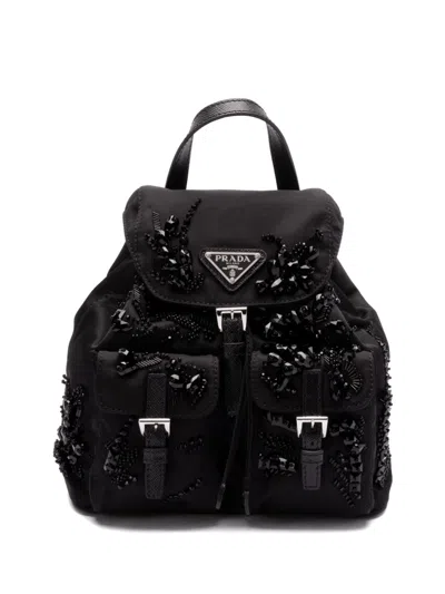 Prada Enamel Triangle-logo Backpack In Black