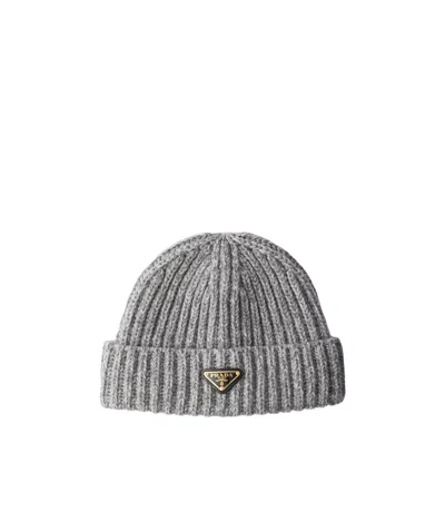 Prada Melange Wool Beanie In Gray/marble