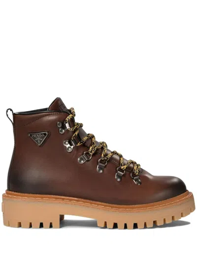 PRADA ENAMEL TRIANGLE-LOGO BOOTS