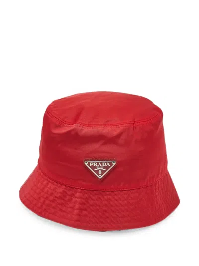 Pre-owned Prada Enamel Triangle Logo Bucket Hat In Red