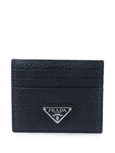 Pre-owned Prada Enamel Triangle Logo Card Holder In Black