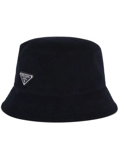 Prada Enamel Triangle-logo Corduroy Bucket Hat In Blue