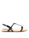 Prada Triangle Logo Raffia And Leather Flat Sandals In Black