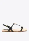 Prada Triangle Logo Raffia And Leather Flat Sandals In Black