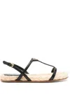 Prada Triangle Logo Raffia And Leather Flat Sandals In Black