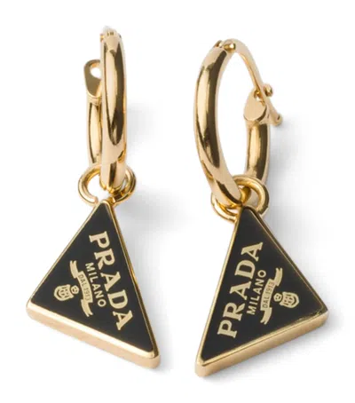 Prada Enamel Triangle Logo Hoop Earrings In Gold