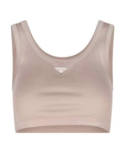 Prada Enamel Triangle Logo Jersey Top In Brown