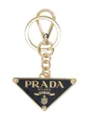 Prada Logo Triangle Metal And Leather Key-ring In Gold