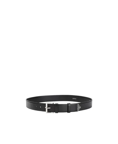 Prada Enamel-triangle-logo Leather Belt In Black