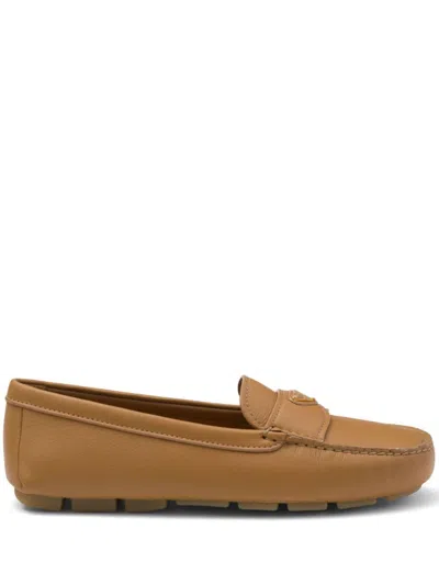 Prada Triangle-logo Leather Driving Loafers In Neutral