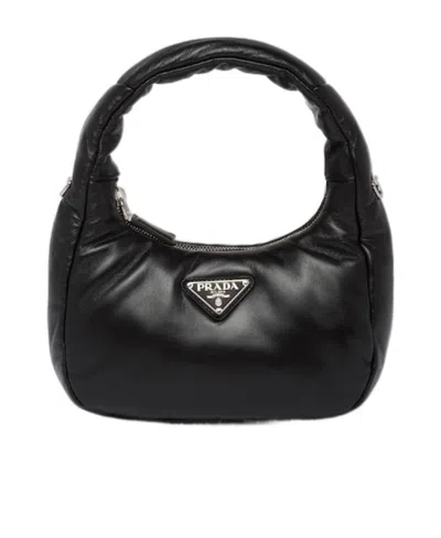 Prada Enamel Triangle-logo Leather Shoulder Bag In Black
