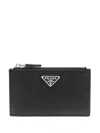 Prada Enamel Triangle-logo Leather Wallet In Black