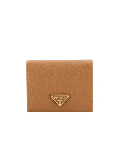 Prada Enamel Triangle-logo Leather Wallet In Brown