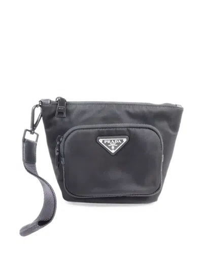 Pre-owned Prada Enamel Triangle Logo Pouch In Black