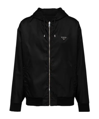 Prada Enamel Triangle-logo Reversible Jacket In Black