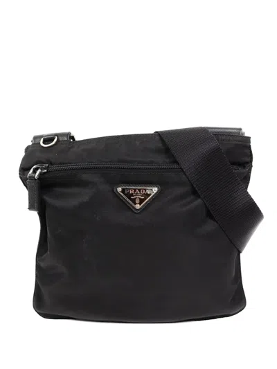 Pre-owned Prada Enamel Triangle Logo Shoulder Bag In Black